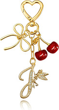 Initial Keychain with Bow and Cherry,Gold Letter Bag Charms for Women,Cute Purse