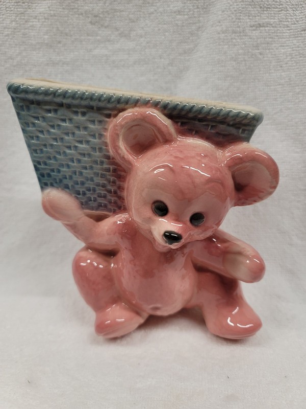 6 1/4" TEDDY BEAR W BASKET ON BACK PLANTER BY ROYAL COPLEY, ROYAL WINDSOR