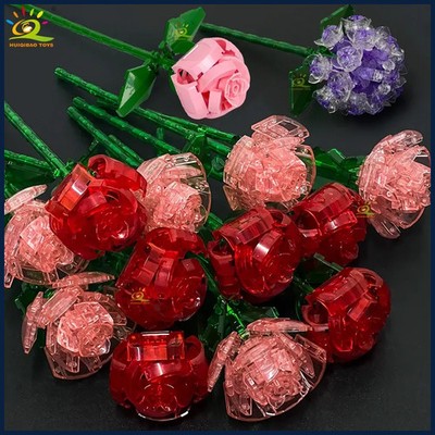 HUIQIBAO MOC Rose Hydrangea Flower Model Building Blocks DIY Eternal Bouquet