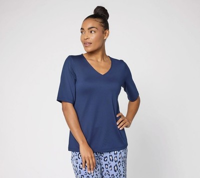 Susan Graver Essentials Butterknit V-Neck Top with Elbow Sleeves Navy M New