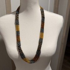 African Zulu Tribal Maasai Beaded Long 30  Necklace Gold Brown Black