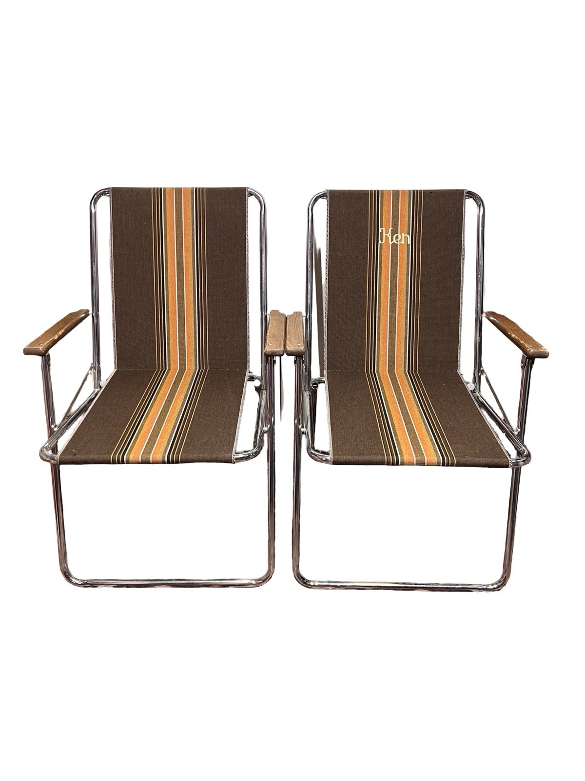 Vtg Pair Zip Dee Camping Folding Chairs Brown Stripe Airstream RV Motorhome