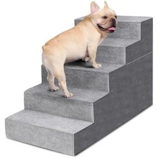 5-Step Dog Stairs Foam Pet Ramp for High Bed Couch Non-Slip Washable Cover Gray