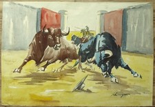 Gouache / Aquarell Stierkampf Stiere 43,5 x 63,5cm