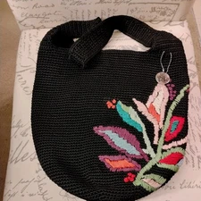 New-The Sak Hand Crocheted  Black Floral Embroidered Purse