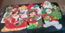 7 Vtg One Sided Christmas Cardboard Die Cut Decorations Made USA Santa Snowman