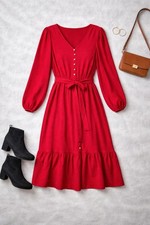 SHEIN Red Midi Dress Size 8 S Button Front Tie Waist Long Sleeve Boho Chic UK