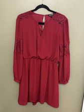 Express Chiffon Red Mini Dress Long Sleeve Lace Details Front Keyhole Size Large