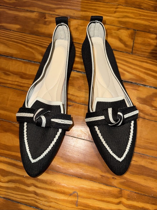 Black White Bow Pointed Toe Knit Flats Women's EU 40 Slip-On Lightweight