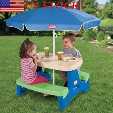 Folding Kids Outdoor Camping Picnic Table Chair 4 Seats with Umbrella Blue/Green