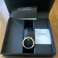 Movado Museum Women’s Quartz Watch Gold Tone Case Black Dial Leather Strap Box