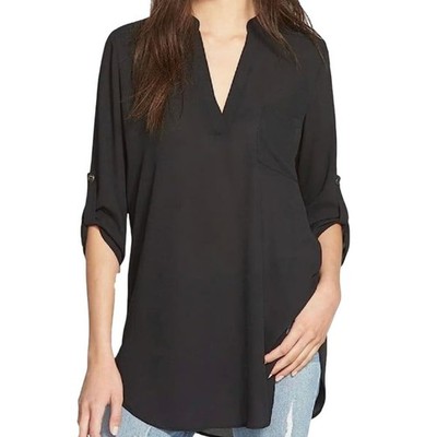 NWT Lush V-Neck Crepe Top S Roll Tab Sleeve Blouse Curved Hem Minimalist Work