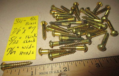 34--VINTAGE SOLID BRASS WOOD SCREWS WITH ROUND SLOT HEADS, 7/8'' LONG X #7=5/32''