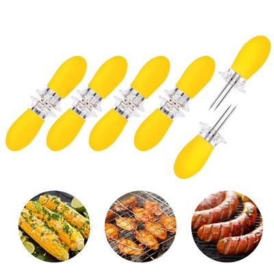 10 PCS/5 Pairs Yellow Corn Cob Holders Stainless Steel Fork Skewers BBQ