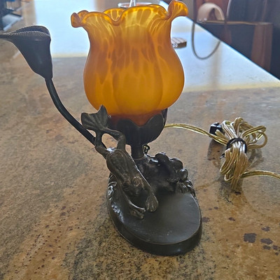 Amber Glass Tulip Shade Metal Table Lamp Leaf Frog Base, Corded Wall Switch