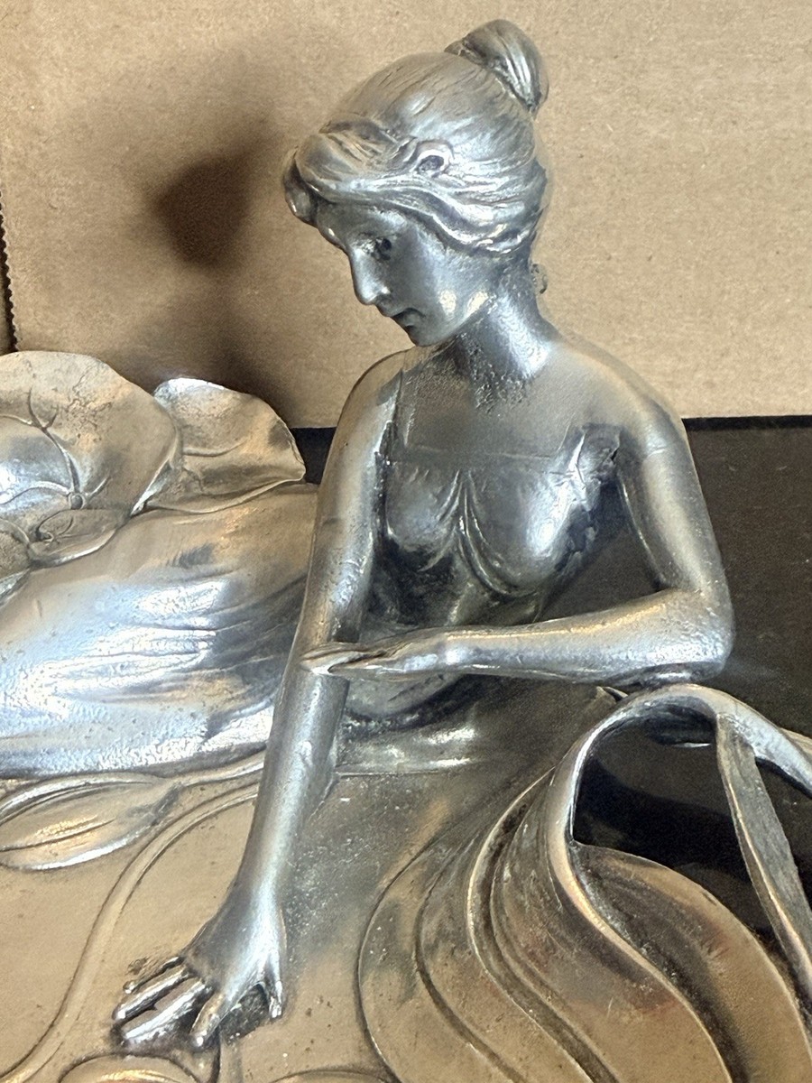 Art Nouveau pewter figural card tray with a maiden lily pond EPU