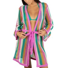 NEW Hurley Womens M/L Striped Crochet Robe Be...