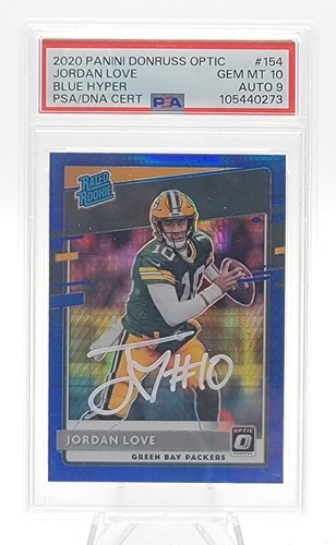 JORDAN LOVE 2020 DONRUSS OPTIC RATED ROOKIE BLUE HYPER AUTO PSA 10 Q7859