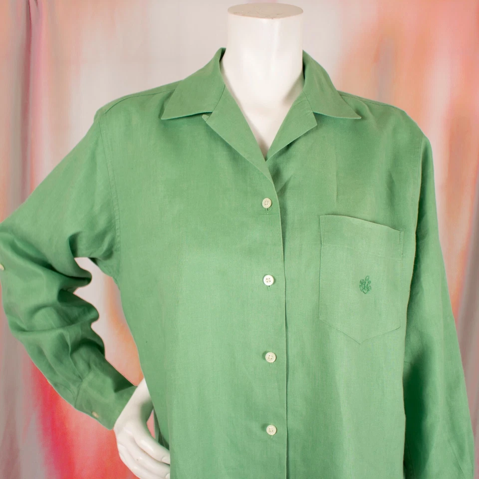 RALPH LAUREN Green Lime Solid Roll-Up Tab Sleeves Women Linen Shirt Size M - Image 4 of 4