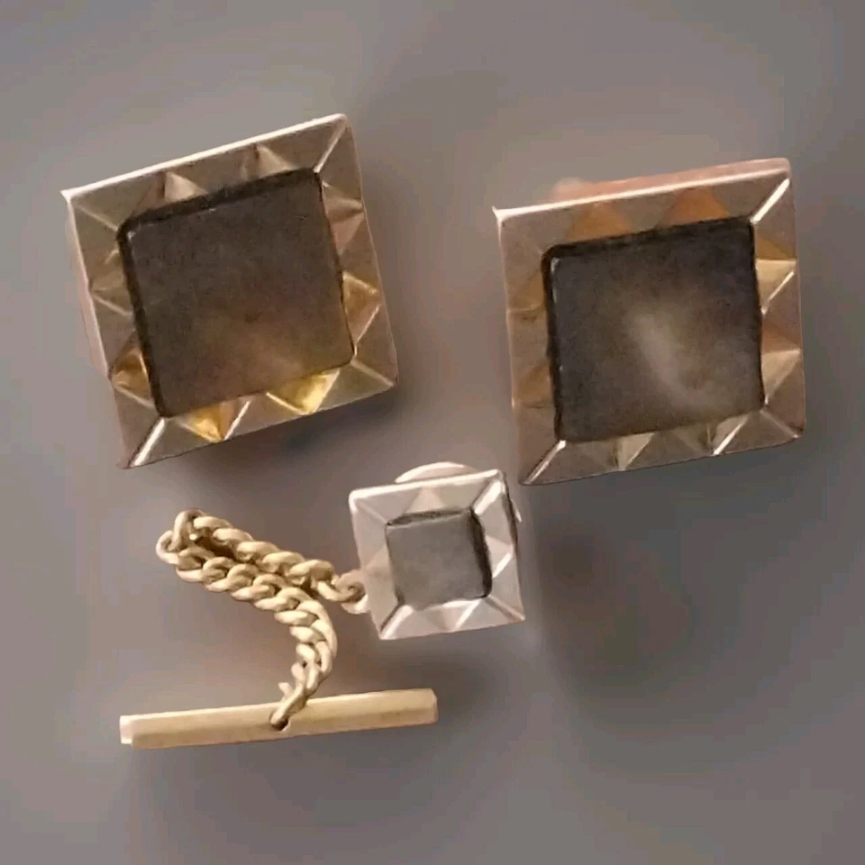 Juego de gemelos vintage Swank tono dorado negro madreperla/corbata Foto 2 de 4