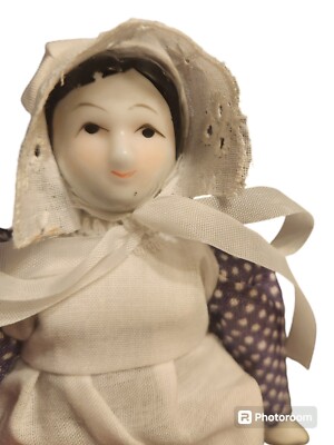 Vintage Porcelain Doll Lady Polka Dot Dress White Pinafore 7.5 in