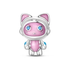KUNSIR 925 Sterling Silver Pink Mechanical Cat Beads Charm For European Bracelet