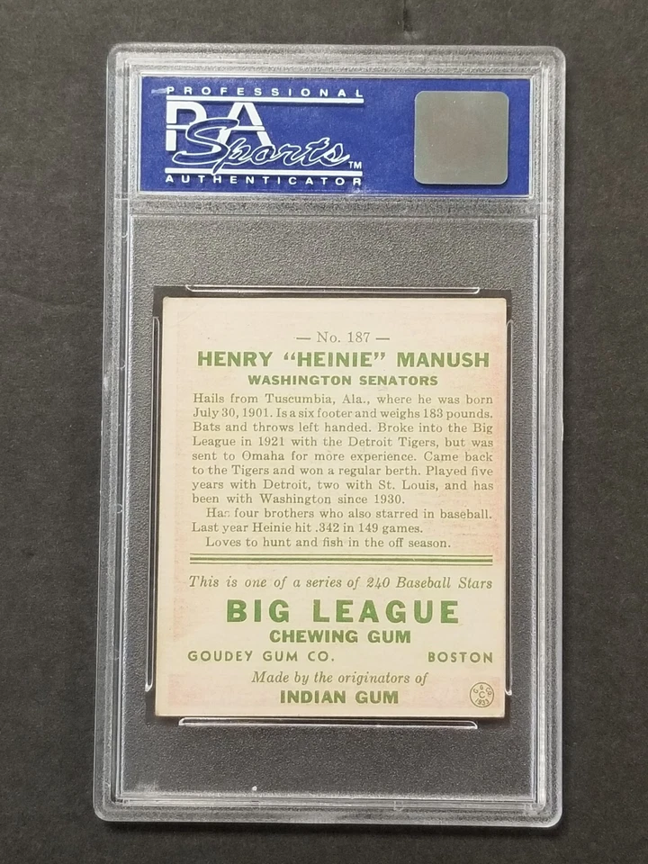 Tarjeta de béisbol Goudey 1933 Heinie Manush RC #187 clasificación PSA 5 EX O/C (DS) 41522 Foto 2 de 2