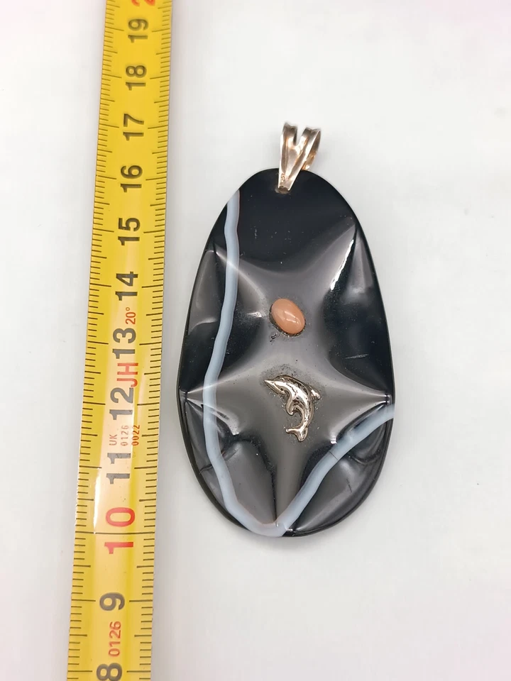 Ciondolo donna argento bianco onice nero naturale corallo rosa pendente pietra - Immagine 3 di 4