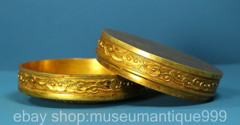 4.8" Chinese Bronze 24K Gold Gilt Dynasty Double Dragon Jewelry Storage Box - Image 4 of 4