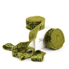 1 Inch Moss Green Crushed Velvet Ribbon Frayed Edge Hand Torn Fringe for Brid...