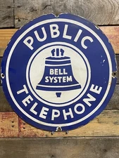VINTAGE PUBLIC TELEPHONE PORCELAIN SIGN 16” BELL SYSTEM PAYPHONE ENAMEL MARKER