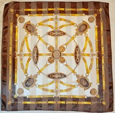 SCARF VINTAGE AUTHENTIC ROYAL COAT OF ARMS BROWN SATIN CHIFFON 40" SQUARE