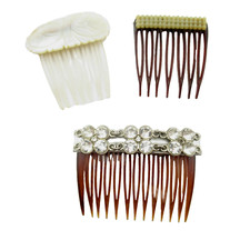 Lot of Three Small Mini Vintage Hair Combs Mother of Pearl Rhinestone USA