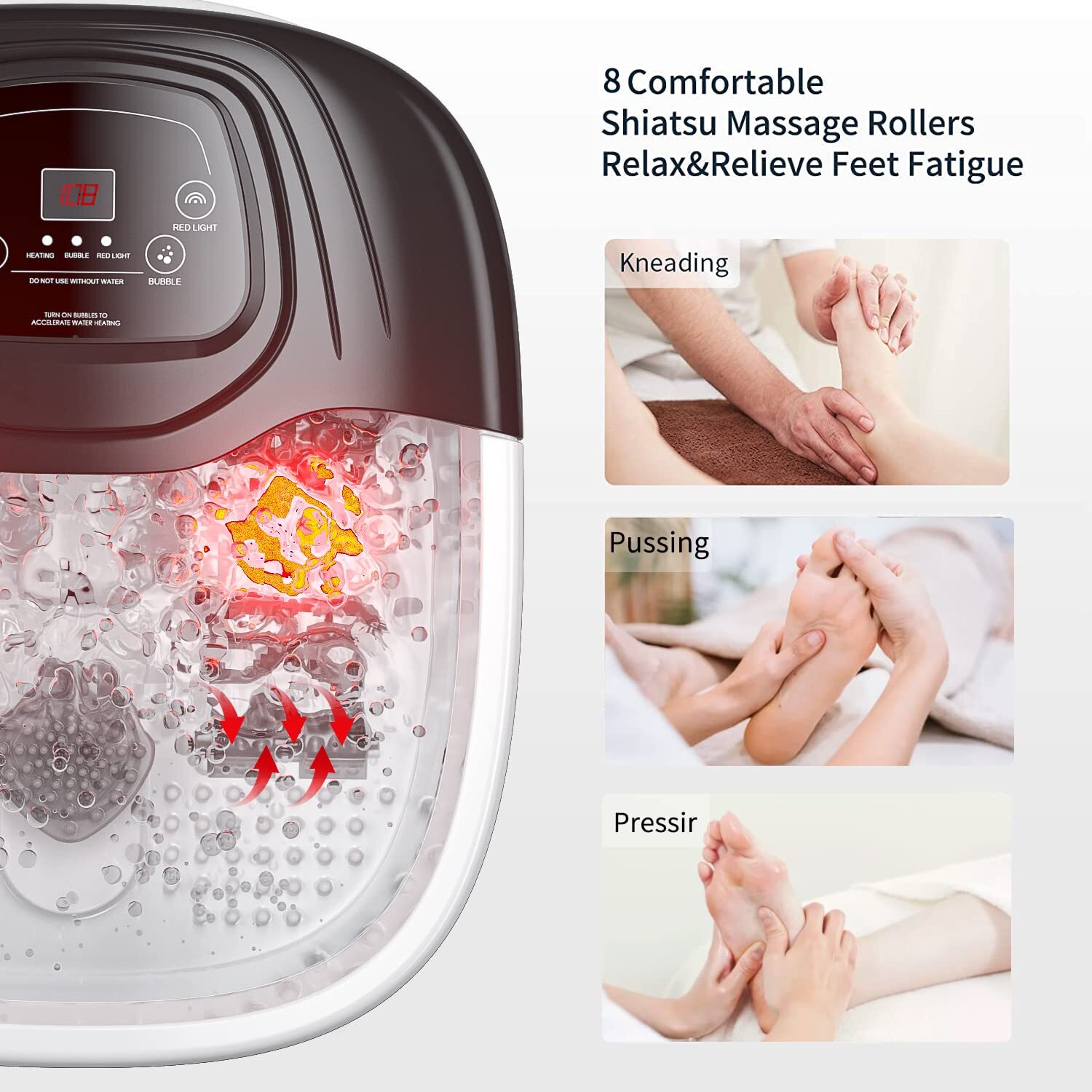 Foot Spa Bath Massager with Heat Bubbles Vibration Red Light for Stress Relief