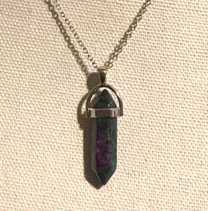 Authentic Ruby Zoisite Crystal Pendant On 18k White Gold Plated Chain 16”