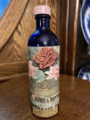 vintage Mero  & Boyveau  cobalt rose water bottle Made In France , Half Full