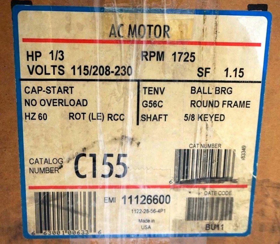 NEW A.O. SMITH 8-111266-05 AC MOTOR C155  1/3 H.P. 1725 R.P.M. 811126605 - Image 4 of 4