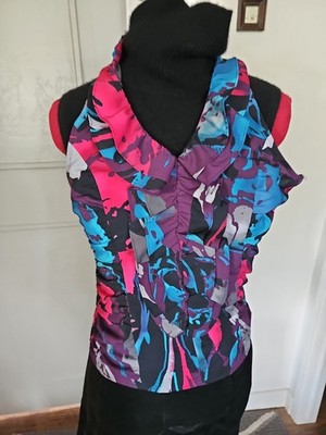 Express Women's XS Multicolor Abstract Ruched Sleeveless Blouse Side Zip Stretch