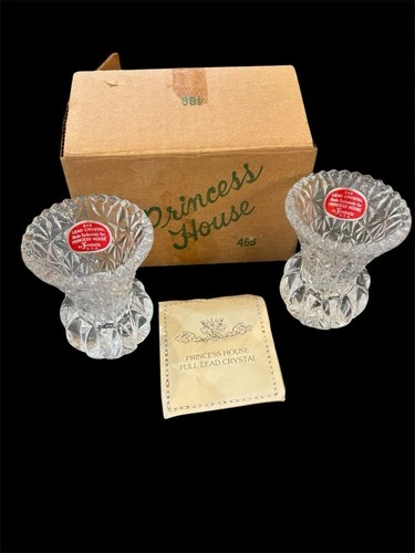 Princess House Fostoria 24% Lead Crystal Bud Vase Toothpick Holder Sawtooth +box