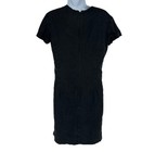 Black linen short sleeve shift dress size 6 with front zipper, displayed on mannequin against plain white background.