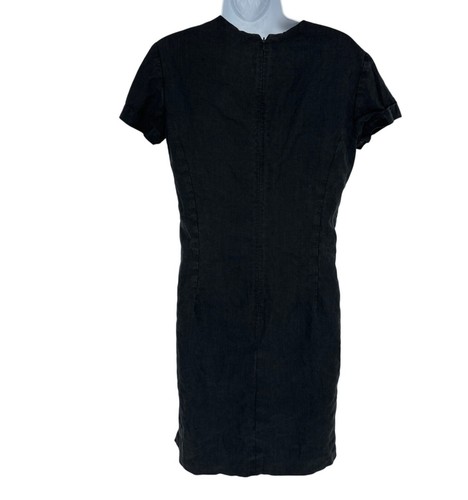 Black linen short sleeve shift dress size 6 with front zipper, displayed on mannequin against plain white background.