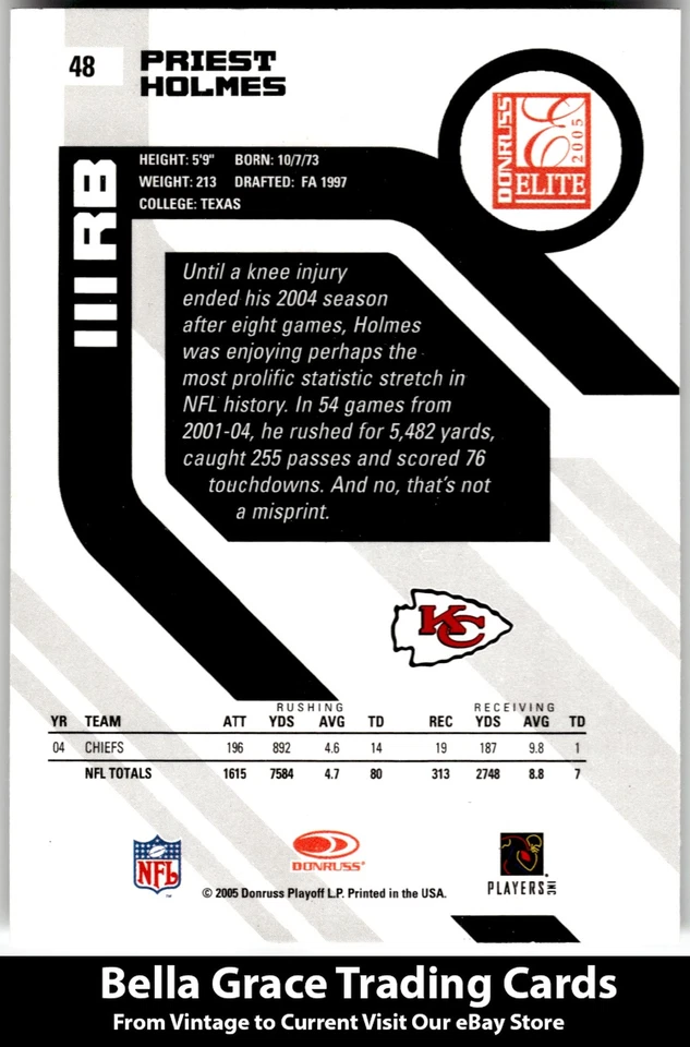 2005 Donruss Elite #48 Priest Holmes Kansas City Chiefs NFL Football - Image 2 of 2