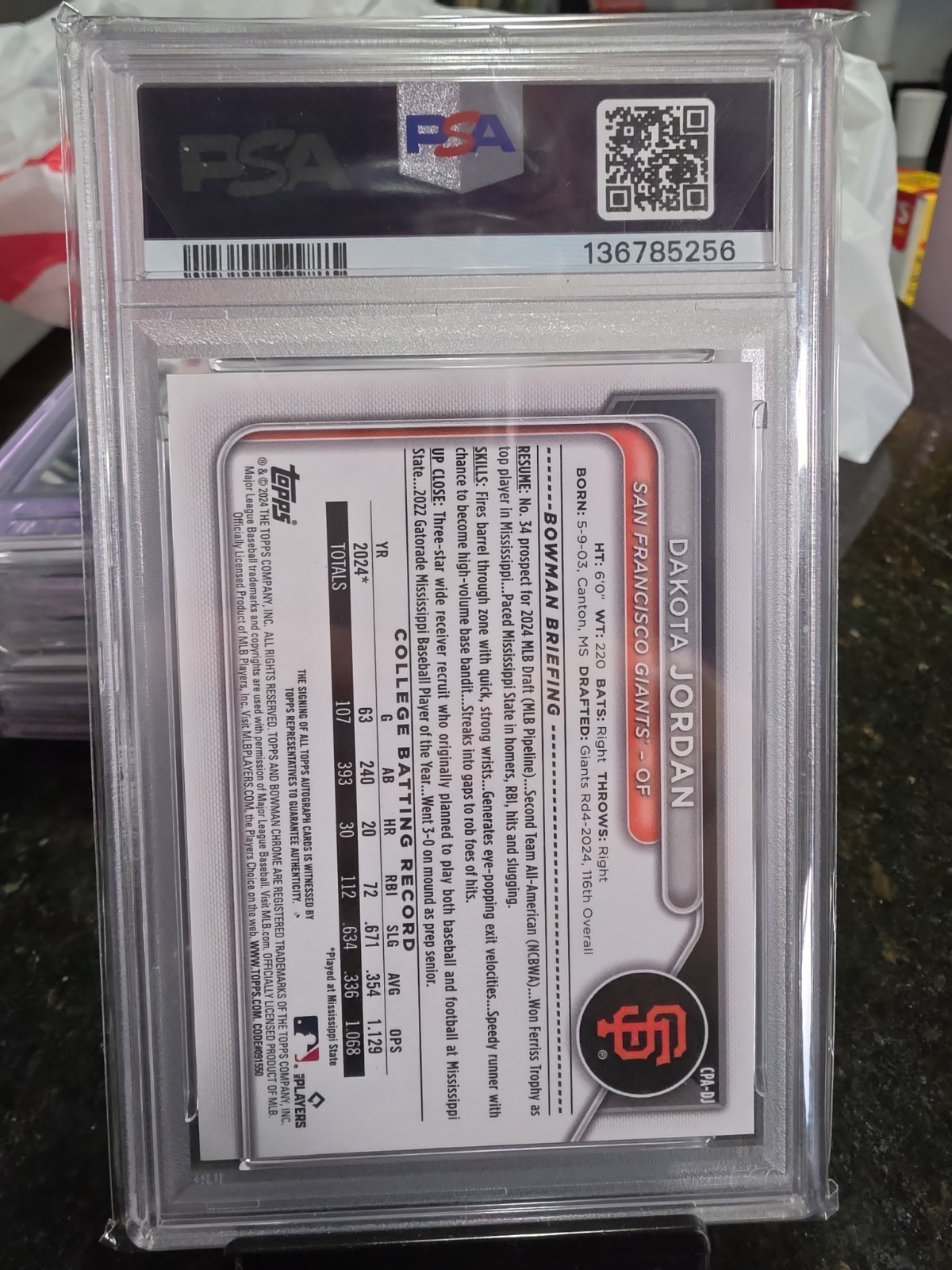 Dakota Jordan Rookie AUTO PSA 10 2024 Bowman Draft Chrome 1st Prospect RC  view 2