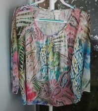 Chico's Blouse Women's Multicolor Lightweight 3/4 Flowy Sleeves Size 3 XL 
