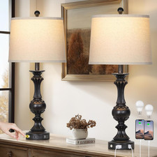 28" Black Farmhouse Table Lamps Set of 2, Rustic Lamps for Living Room with USB