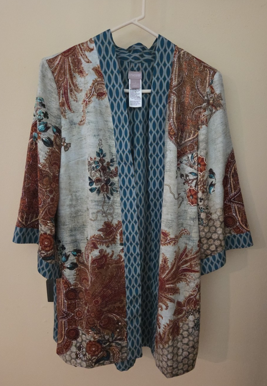 Chicos Reversible Kimono Duster Size M Teal Floral Cardigan
