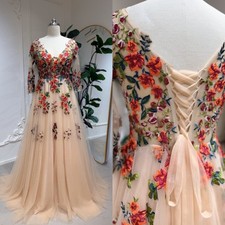 3D Flowers Wedding Dresses with Long Sleeves Sexy V Neck Bobo Bridal Gowns