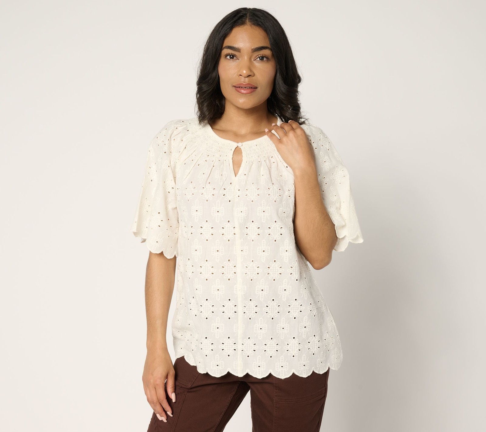 LOGO by Lori Goldstein Women's Top Plus Sz 2X 100% Cotton Eyelet White A689564