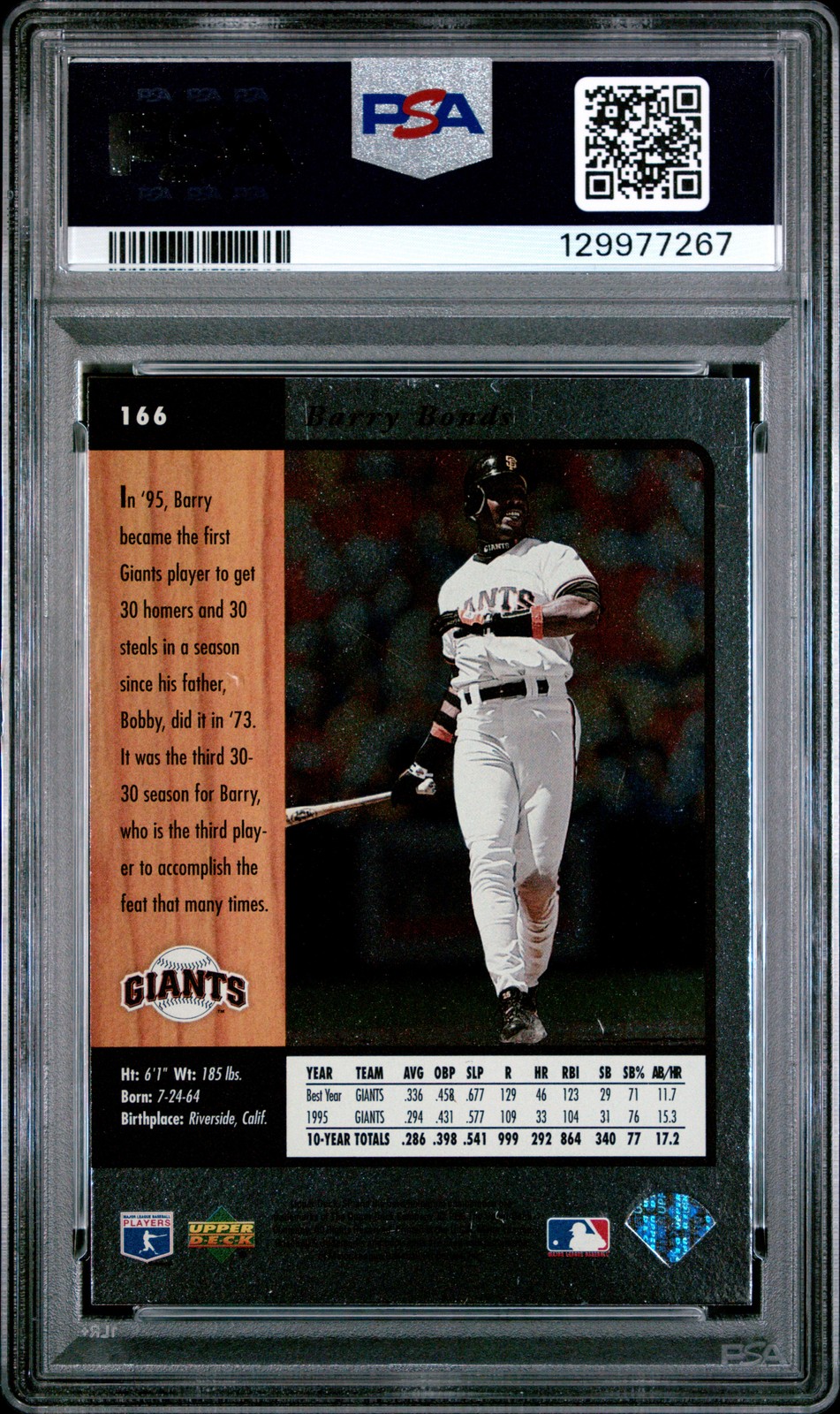 1996 SP #166 BARRY BONDS PSA 9 view 2