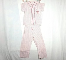 Vtg Childs Pajama Set Baseball Bates Red Pin Stripe Flannel Soft 60s 70s Retro